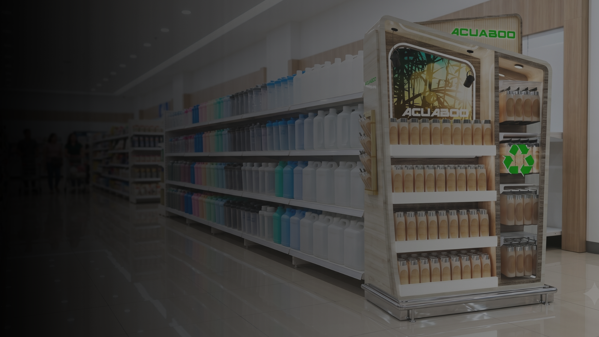 Grocery store aisle with eco-friendly display featuring recyclable containers and bamboo imagery.